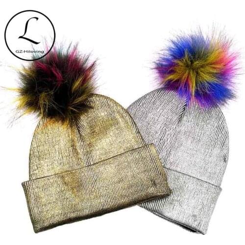 Dropshipping Autumn Winter Faux Fur pompom Knit Beanies hats For Baby Girls Boys Kids Toddler Warm Polyester Skullies Hats caps