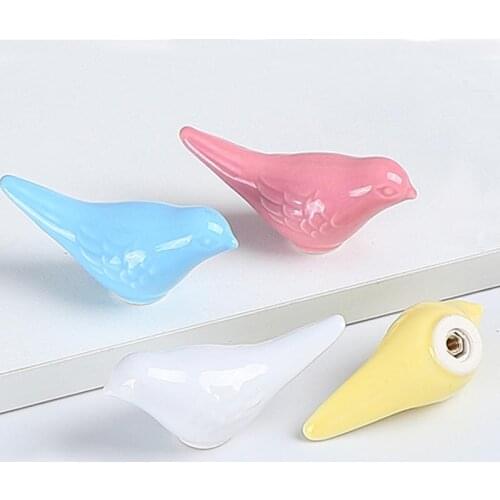 Cute childrens room cartoon handles bird white red yellow blue single hole knob free punching drawer hook and pull