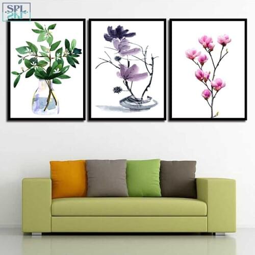 SPLSPL Frameless Nordic Minimalist Flower Wall Pictures Vintage Geometric Plants Canvas Art Print Poster Painting Home Decor