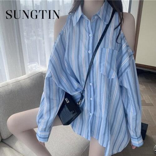 Sungtin Strapless Striped Blouse Shirt Women Elegant Irregular Korean Shirt Tops Female Casual Loose Shirt Blouse Oversized BF