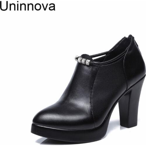 Uninnova Womens High Heel Pumps Working Career Shoes Autumn Spring Genuine Leather Shoes Extral Small Size 32-43 WP090