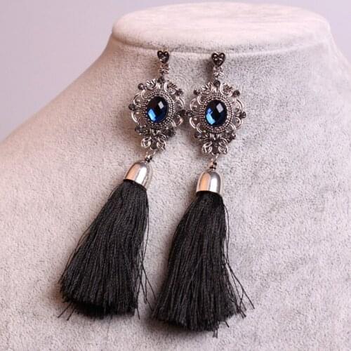 Retro palace temperament blue Austrian rhinestones earring Female tassel tassel exaggeration earring Hypoallergenic ear jewelry