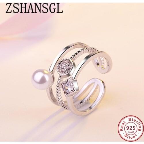 Romantic 925 Sterling Silver Rings For Women Trendy Multi-layer Pearl Mosaic CZ Zircon Resizable Rings bague femme Jewelry Gift