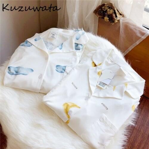 Kuzuwata Japanese Womens Pajama Sets 2021 New Sleepwear Turn Down Collar Print Pocket Long Sleeve Trousers Casual Home Wear