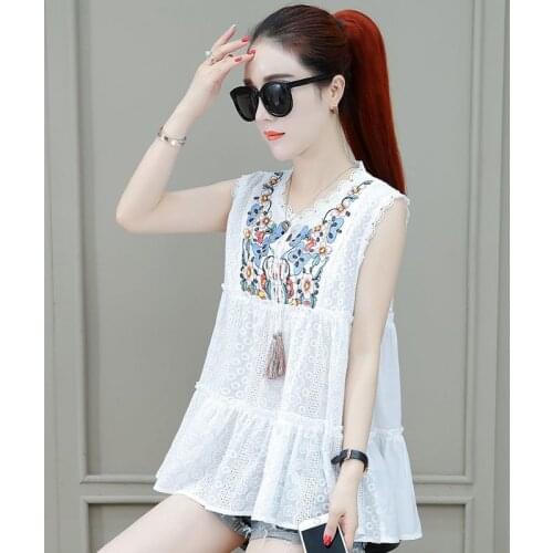 Embroidery Women Summer Style Sleeveless Lace Blouses Shirts Lady Casual O-Neck Sleeve Lace Blusas Tops DD8883
