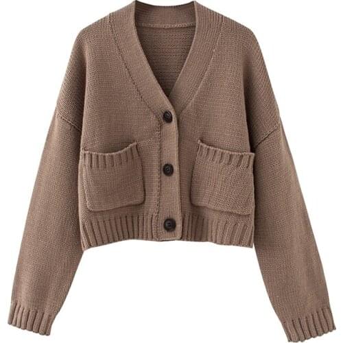 TRAF Women 2021 Fashion Single Breasted Cropped Knit Cardigan Sweater Vintage Long Sleeve V Neck Pocket Outerwear Streetwear