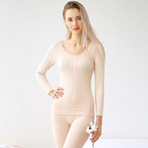 Sanderala Winter Seamless Women Cotton Thermal Underwear Lace Collar Autumn O-Neck Home Clothes Pants Suit Long Johns Top Set