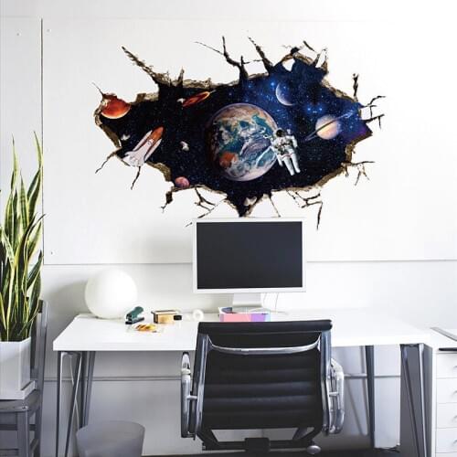 Astronaut in the Space Wall Decals for Kids Room 3D Cracked Outer Space Wall Stickers Living Room Bedroom Kids Room Wall Poster