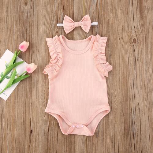Infant Sleeveless Bodysuits +Headband With Bow 2pcs Set Ruffle Flower Ruffles Romper Baby Girl Cotton Summer Solid Clothes