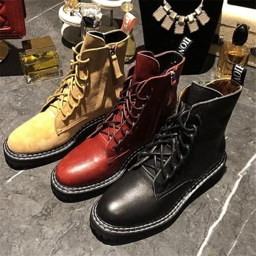 Genuine Leather Punk Motorcycle Boots Lace Up Women Shoes Ankle Martin Boots Tide Botas Mujer Brand Thigh High Cowboy Booties