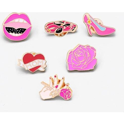 Pink Women Brooches Rose Car Heart Lips High-heeled Shoes Button Lapel Pins Clothes Bag Enamel Pin Badge Jewelry Gifts for Girls