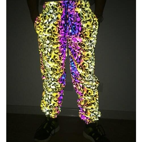 Women kawaii mushroom colorful reflective pants elastic waist mens hip hop joggers reflect light sweatpants