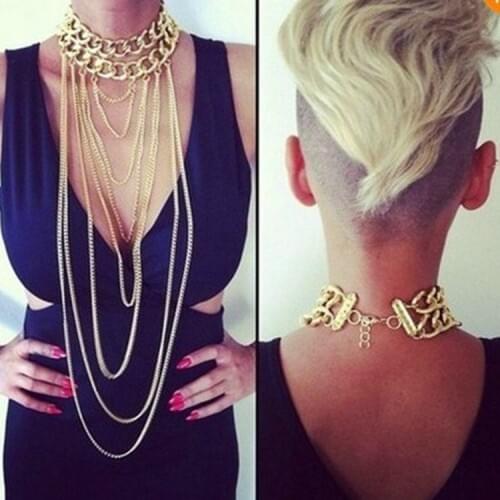 Hot Cut Gold Color Chain Necklaces punk style personality exaggerated body multilayer tassel statement necklace