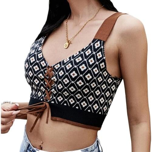 Y2K Backless Plaid Sling Small Vest Sleeveless Lace-up Design Retro Short Top V-neck Short Vest Sexy Tight Drawstring Knit Top