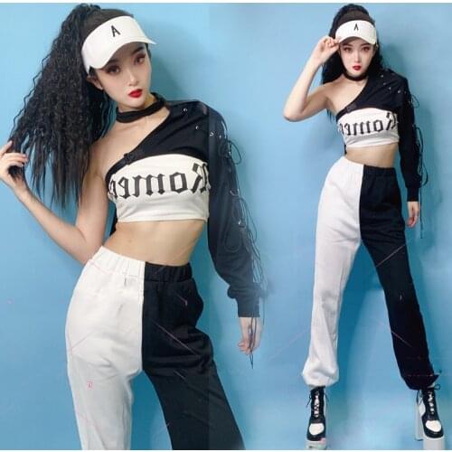 Hip Hop Costumes Ladies Black White Top Pants Nightclub Street Dance Clothing Bar Singer Dj Ds Modern Jazz Stage Wear DNV13175