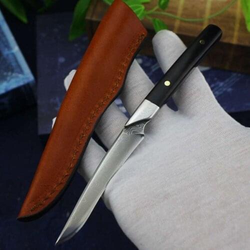 Damascus steel blade wood handle Tactical fixed blade Small straight knife leather Sheath outdoor camping survival EDC knives