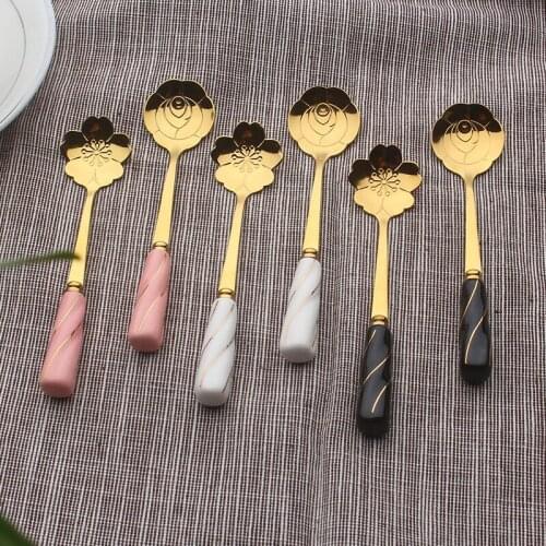 Ceramic Handle Flower Scoop Stainless Steel Gold Plated Cherry Rose Spoons Kitchen Tools Coffee Stirring Spoon Tableware