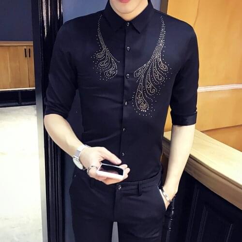 Fashion Rhinestone Petal Shirt Men 2021 Summer New Half Sleeve Men Dress Shirt Slim Fit Casual Streetwear Blouse Mens Clothing