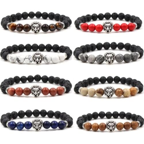 Fashion Jewelry Silver Buddha Lion Head Bracelet Black Lava Stone Beaded Bracelets Pulseras Hombre For Men Women