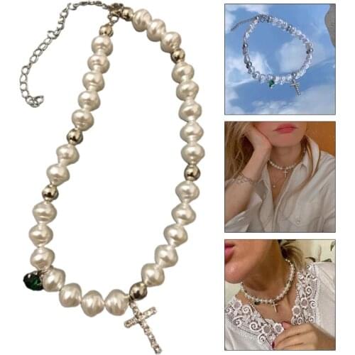 Irregular Imitation Pearls Necklace Jewelry Rhinestone Cross Crystal Pendants