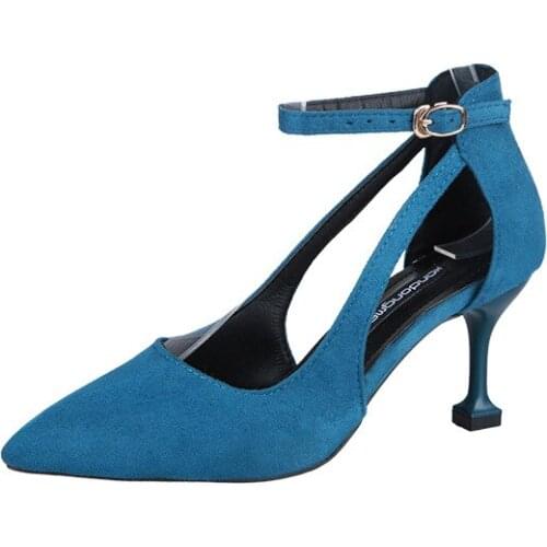 2020 New Female High Heel Fashion Buckle Pointed Workplace 7CM Classic Sexy Mature Professional Womens Shoes Blue Black B23-07