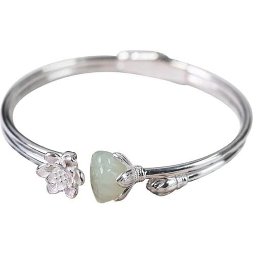 New new inlaid natural Hetian Chalcedony plum blossom lotus Bracelet Chinese charm adjustable womens brand jewelry