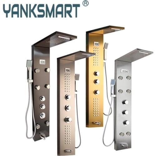 Golden Black Nickel Brushed Digital Display Shower Panel Column Rain Waterfall Shower Spa Jets Bath Shower Mixer Faucet