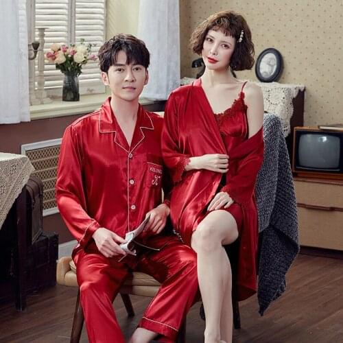 Summer Couples Pajamas Set Cute Rayon Women Embroidery Lace Trim Robe Sets Men Satin Sleepwear Pyjamas Suit Home Clothing Sleep