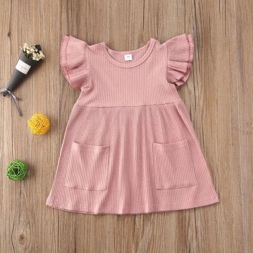Short Sleeve Dress Knitted Patch Pockets Pullover Girls Pit Stripes Ruffle Sleeve Dress for Vacation