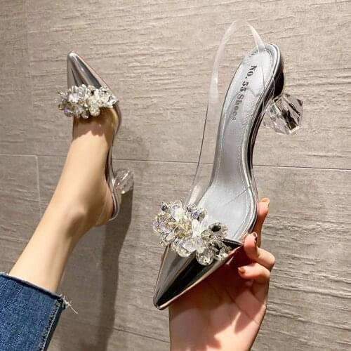 Gold/Silver patent leather crystal pumps woman sandalias summer diamond high heels shoes women 2021 ins pointed toe clear talons