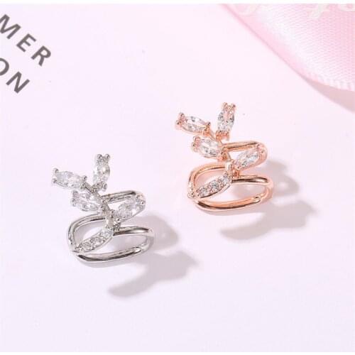 Retro No Pierced Crystal Flower Leaves Earrings Rose Gold Color Ear Cuff Wrap Clip Earrings for Women Ear Bone Earcuff Jewelry