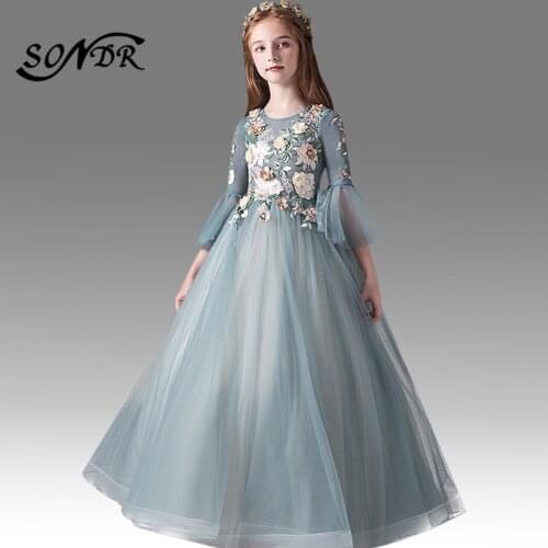Green Flower Girl Dresses HT136 Appliques Embroidery Lace Flower Girl Ball Gowns Long Flare Sleeve O-neck Lace Girls Dress