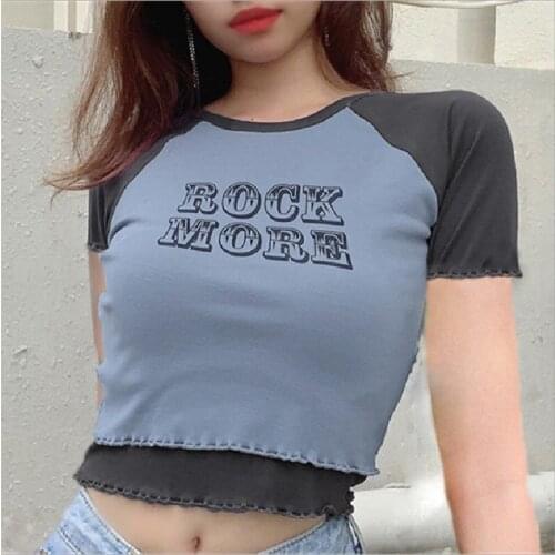 Women Summer Short Sleeve O-Neck Slim Wild Casual Crop Top Color Block Letter Printed T-Shirt Stylish Adults Shirt for Daily