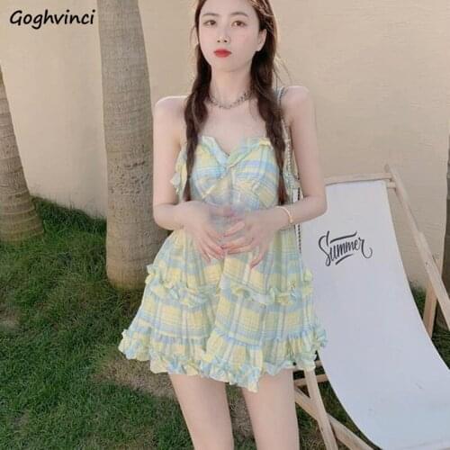 Sleeveless Dress Women Plaid Trendy Leisure Spaghetti Strap Backless Ruffles Mini Dresses Elegant Korean Style Kawaii Ins Summer
