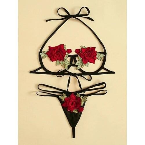Hots Lace-up Hollow Out Rose Embroidered Underwear Sexy Suit Erotic Sex Lingerie Ladies G-strings Sets Exotic Fantasy Lingerie