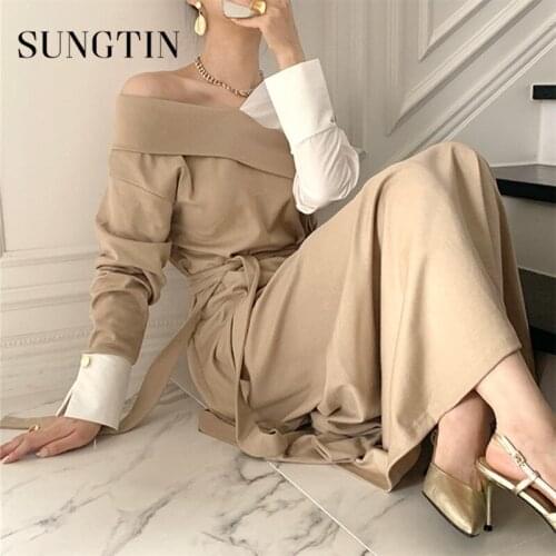 Sungtin Korean Elegant Patchwork Sashes Dress Women Spring Color Block Casual Loose Long Dress Female Belt Chic Vestidos Mujer