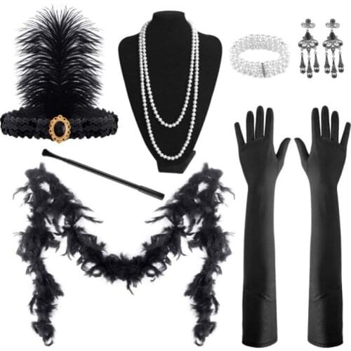 1920s Flapper Accessories 7PCS Set Gatsby Costume Accessories Set 20s Flapper Headband Pearl Necklace Gloves Cigarette Holder