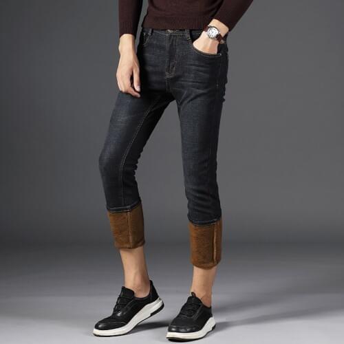 2020 Winter Warm Fleece Business Fashion Thicken Denim Trousers Stretch Jeans Mens Long Trouser 28-40