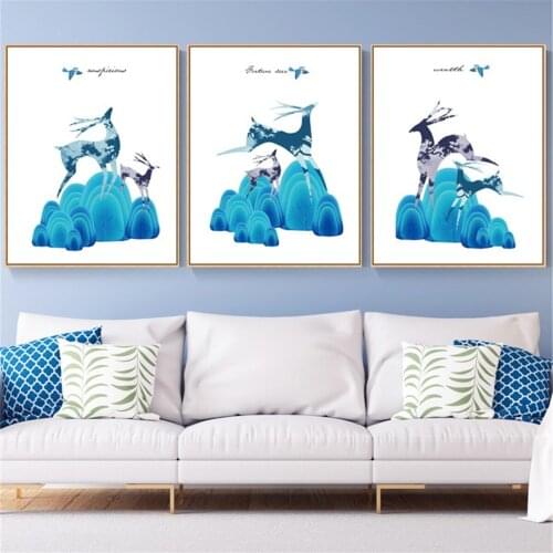 Abstract Blue Hills and Deer Scene Poster Canvas Print Painting Wall Art Living Room Home Decoration