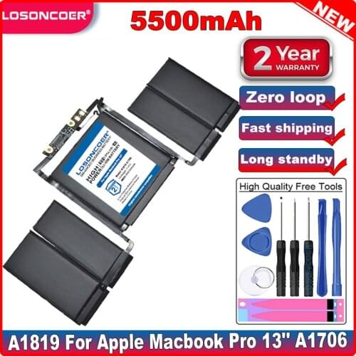 LOSONCOER Good Quality Battery 5500mAh A1819 Battery for A1706 battery macbook pro 13'' Touch Bar 2016 year Free tools