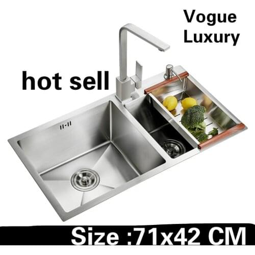 Free shipping Home durable 304 stainless steel common wash vegetables small kitchen manual sink double groove 71x42 CM