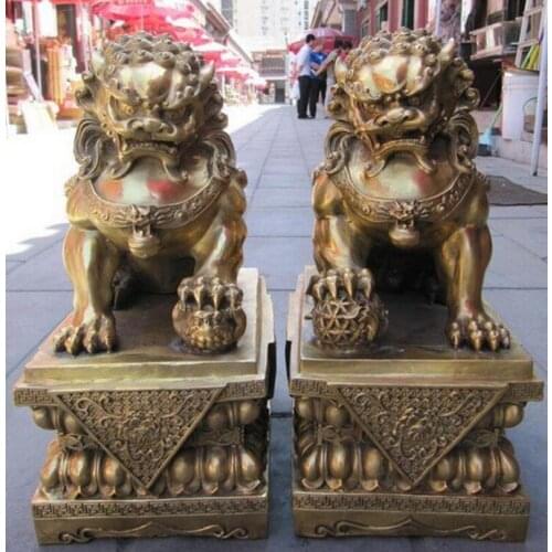 Pure brass auspicious imperial palace pair fu foo dog stately lion guard statue