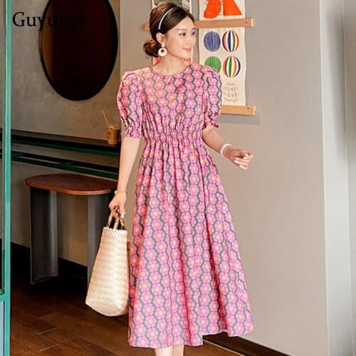 Elegant Party Dress 2021 Summer Vertical Flower Youth Series Pastoral Style O-Neck Puff Sleeve Elastic High Waist Womens Dress