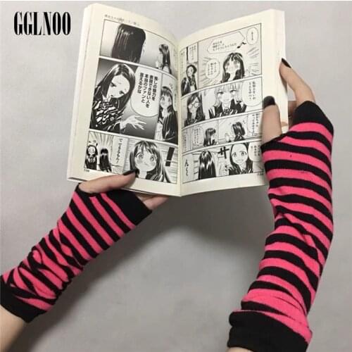 GGLNOO Harajuku Girls Striped Half Finger Long Gloves Women Knitted Warmer Fingerless Gloves Gothic Lolita Chic Streetwear