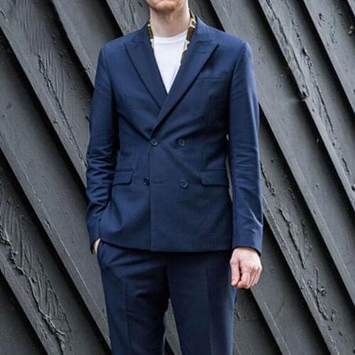 Tailor Made Men Suits with Double Breasted for Wedding Slim Fit Custom Groom Tuxedos 2 Piece Navy Man Suit Jacket with Pants