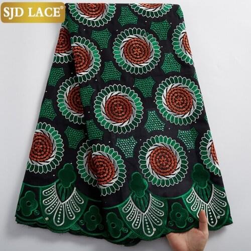 SJD LACE Embroidery African Holes Lace Fabric Fashion Swiss Cotton Lace In Switzerland Green Voile 5Yards Garment Material A2398
