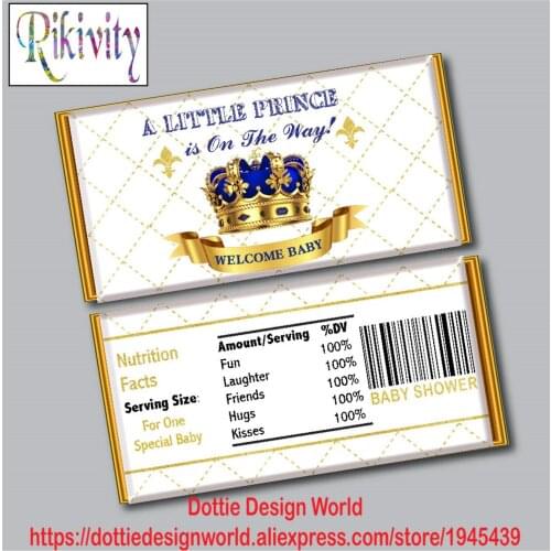Little Prince on The Way Crown Boy Baby Shower Candy Bar Hershey Chocolate Wrapper Stickers Water Bottle Wine Labels Decoration