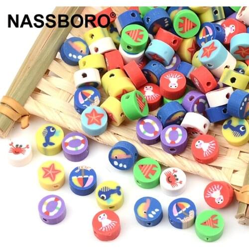 Fashion Colorful Ocean Pattern Flat Round Shape Soft Clay Beads for Jewelry Making Bracelet Necklace DIY