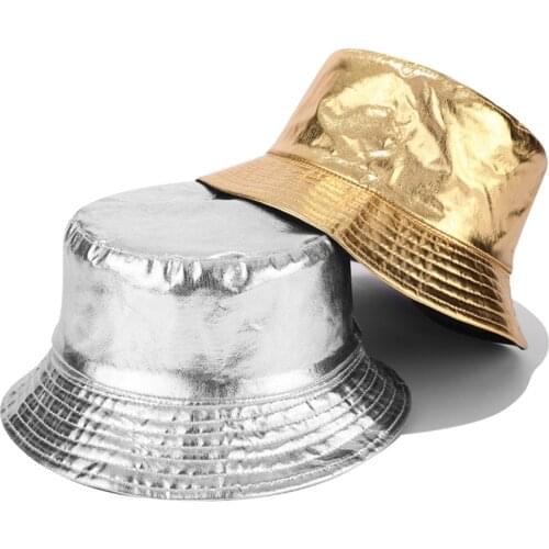 Brand New Gold Silver Bucket Hat Women Personality Double-sided Wearing Fisherman Hats Female Outdoor Leisure Foldable Caps