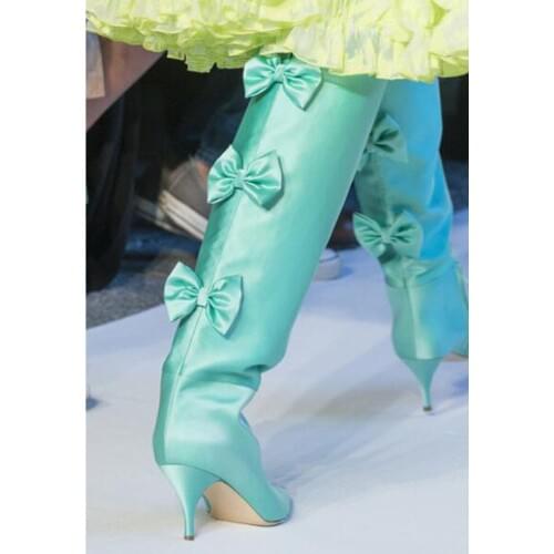 New Ladies Silk Back Bowtie Knee High Boots Stiletto Heels Shoes Women Bling Leather Pointed toe Butterfly knot Runway Boots